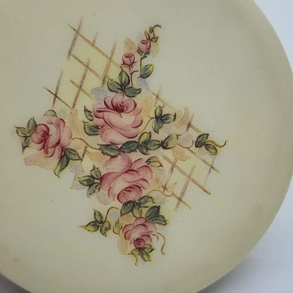Vintage Large Lucite Powder Compact Pink Roses Floral Vanity Mirror 3
